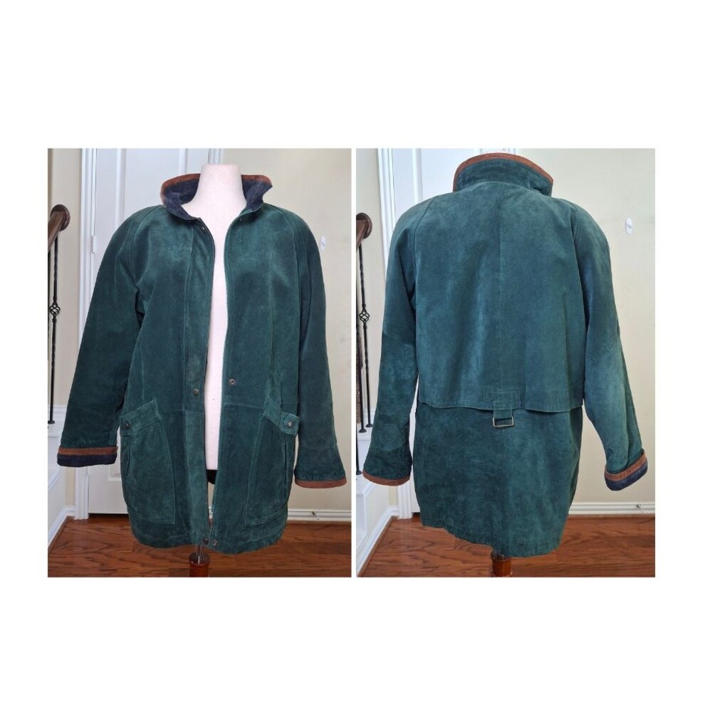 VTG Preston York Suede Leather Chore Coat Women M Green Colorblock Fall Preppy